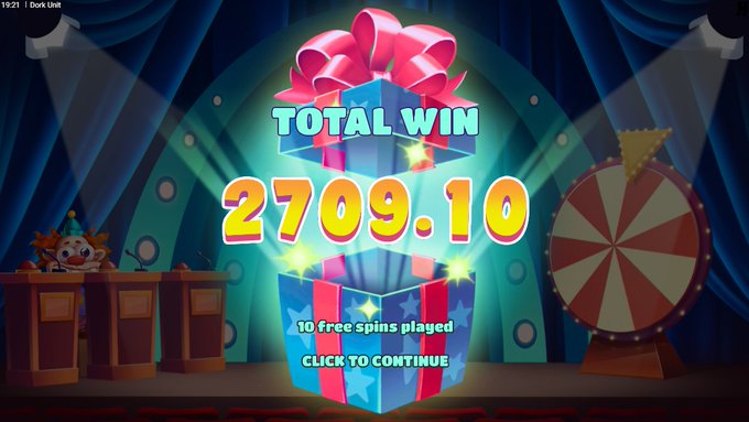 A vibrant slot game screen displays a "TOTAL WIN" of 2709.10 after "10 free spins played," featuring a gift box and a "CLICK TO CONTINUE" prompt, which the poster uses to entice followers to drop their SOL address for a giveaway.