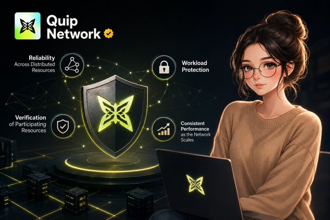 A promotional graphic for 'Quip Network' (verified) featuring an anime-style woman with glasses using a laptop, surrounded by feature icons including Reliability Across Distributed Resources, Verification of Participating Resources, Workload Protection, and Consistent Performance as the Network Scales.
