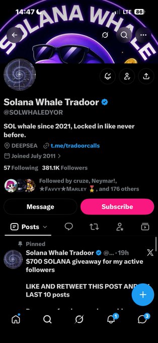 An X/Twitter profile page for 'Solana Whale Tradoor' (@SOLWHALEDYOR), verified, with 381.1K followers, promoting SOL whale trading since 2021 and a pinned $700 SOLANA giveaway post.