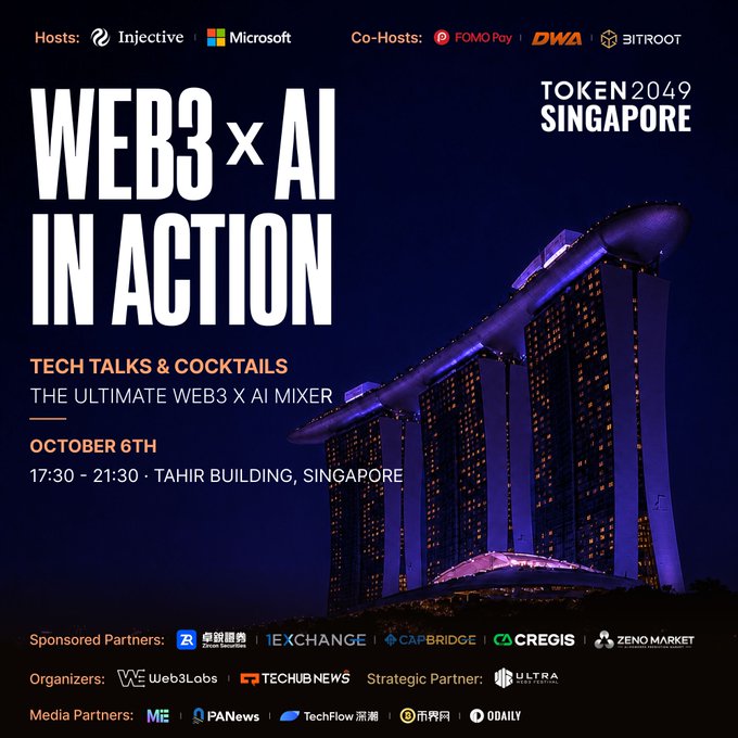 A promotional poster for 'WEB3 x AI IN ACTION' event at TOKEN2049 Singapore on October 6th, hosted by Injective and Microsoft at Tahir Building, featuring the Marina Bay Sands.