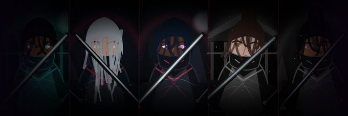 Five hooded ninja characters with glowing eyes and crossed swords are shown in a dark, cinematic lineup, representing the Shadow Ronin NFT collection teased in the giveaway post.