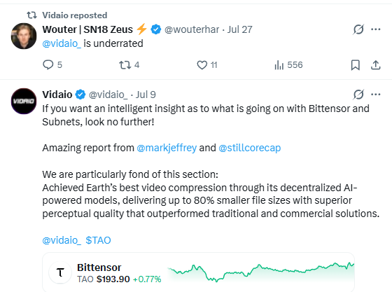 A Twitter/X thread where Wouter (SN18 Zeus) reposted Vidaio's tweet highlighting Bittensor and Subnets, noting 'Achieved Earth's best video compression through its decentralized AI-powered models, delivering up to 80% smaller file sizes,' with $TAO shown at $193.90.
