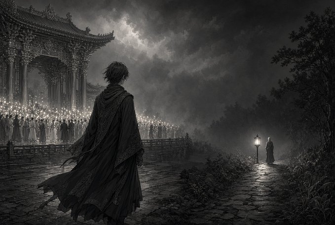 A moody black-and-white illustration of a cloaked figure standing before a traditional Asian temple, with a crowd of people holding candles and a lantern illuminating another figure in the distance.