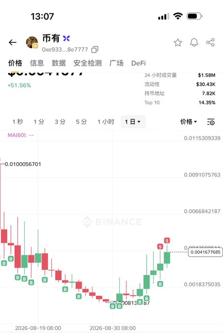 A Binance app screenshot showing a cryptocurrency chart with the token name partially obscured but ending in 'E933...8e7777,' displaying a +1.56% change, a 24-hour trading volume of $1.58M, and a green and red candlestick chart.