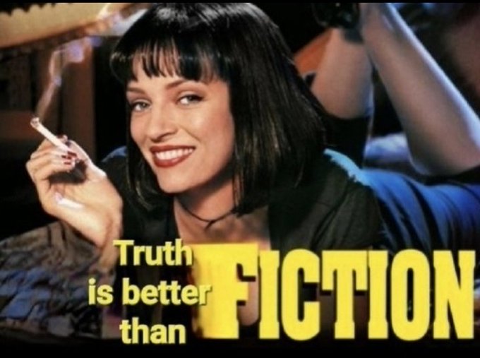 A smiling woman with dark hair and bangs holds a cigarette, with the yellow text "Truth is better than FICTION" overlaid on the image. The scene appears to be from a film, set against a dimly lit interior background.