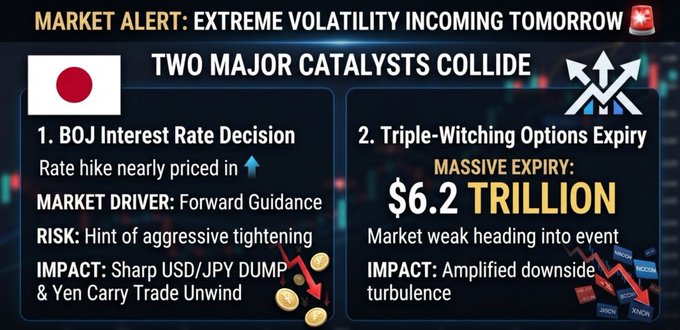 A market alert graphic titled 'MARKET ALERT: EXTREME VOLATILITY INCOMING TOMORROW' highlights 'TWO MAJOR CATALYSTS COLLIDE' — the BOJ Interest Rate Decision and a $6.2 Trillion Triple-Witching Options Expiry, warning of a sharp USD/JPY dump and yen carry trade unwind.