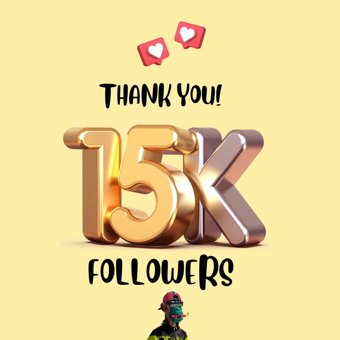 A celebratory graphic on a yellow background displaying 'THANK YOU! 15K FOLLOWERS' in large golden 3D text, accompanied by floating heart notification icons and a small character at the bottom.