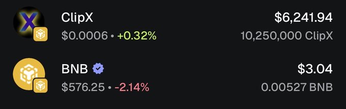 A cryptocurrency price display showing ClipX at $6,241.94 (up 0.32% to $0.0006) and BNB at $3.04 (down 2.14% to $576.25), along with respective holdings of 10,250,000 ClipX and 0.00527 BNB.