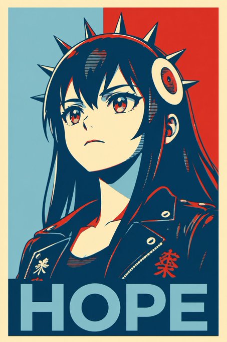 Anime-style propaganda-style poster of a spiky-haired girl with a red eye and headphones, with the word 'HOPE' written in large blue letters at the bottom.