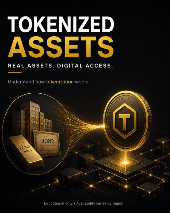 A promotional graphic titled "TOKENIZED ASSETS" with the tagline "REAL ASSETS. DIGITAL ACCESS. Understand how tokenization works." features a glowing gold coin marked with a "T" emblem alongside illustrations of real-world assets including a gold bar labeled "FINE GOLD 999.9," a "BOND" certificate, and city buildings, visually representing how traditional financial and physical assets are converted into digital blockchain tokens as described in the accompanying post.