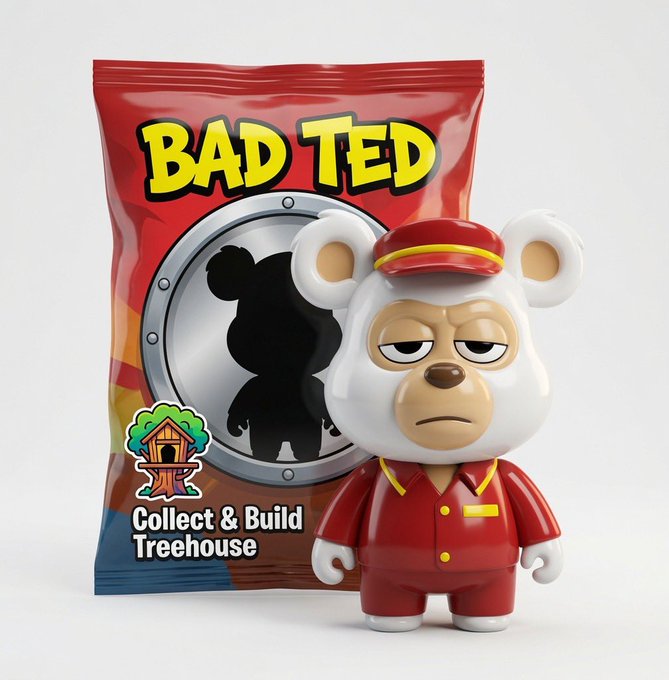 A grumpy white bear figurine dressed as a bellhop stands in front of a 'BAD TED' blind bag with the tagline 'Collect & Build Treehouse.'