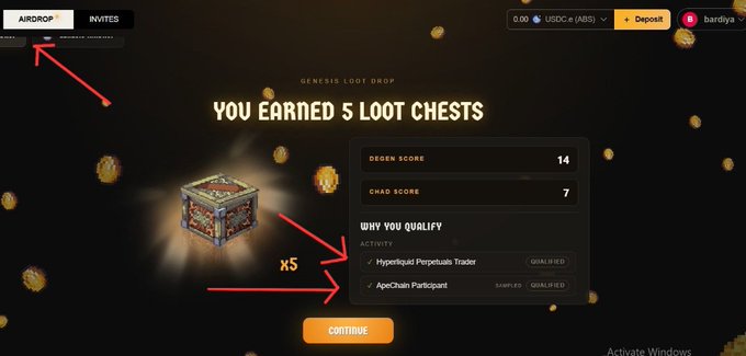A dark-themed crypto gaming interface showing a 'Genesis Loot Drop' reward of 5 loot chests, with Degens Score 14, Chad Score 7, and qualification badges for Hyperliquid Perpetuals Trader and ApeChain Participant, with red arrows pointing to the AIRDROP tab and loot chest.
