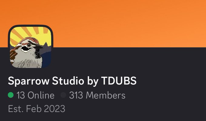 A Discord server header for 'Sparrow Studio by TDUBS' with a sparrow logo, showing 13 online members and 313 total members, established February 2023.