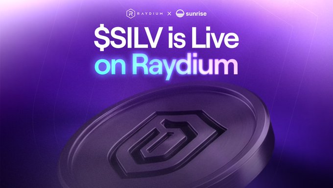 Promotional graphic with purple gradient background announcing "$SILV is Live on Raydium" alongside the Raydium and Sunrise logos, featuring a large metallic coin embossed with the Raydium emblem below the text.