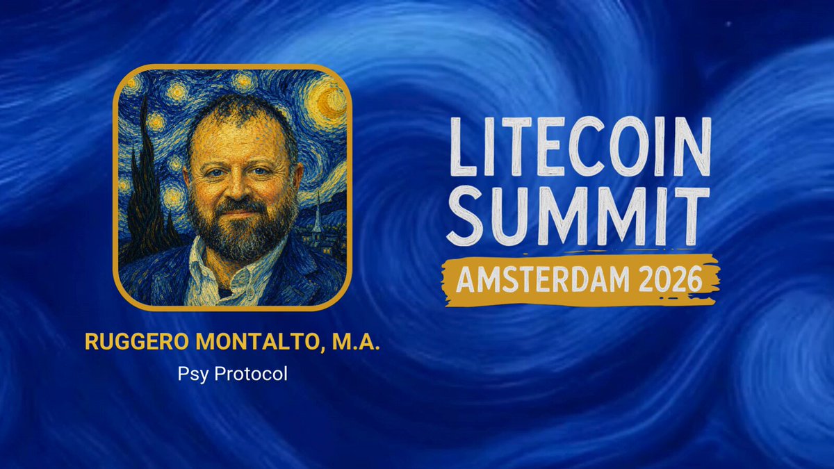 The image features a man with a beard wearing a suit and tie, who appears to be a speaker at an event named "Litecoin Summit Amsterdam 2016". The background of the image has a blue color scheme that complements the man's attire. The text on the image reads "Litecoin Summit Amsterdam 2016" along with the names of the speakers: Ruggero Montalto and M.A., who are both from TNO, respectively.