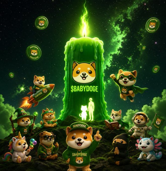 A digital illustration featuring multiple cartoon Shiba Inu characters in various costumes (wizard, astronaut, superhero, unicorn) gathered around a large glowing green candle branded with the $BABYDOGE token logo against a cosmic green nebula background.