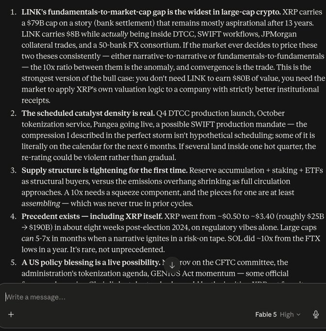 The image shows a numbered list of 5 bullish arguments for $LINK (Chainlink) cryptocurrency, highlighting its $8B market cap versus XRP's $79B cap, upcoming Q4 catalysts including DTCC production launch and SWIFT tokenization, tightening supply structure, precedent of large-cap crypto 5-10x runs, and potential US regulatory tailwinds from CFTC and SEC actions. The screenshot appears to be from a chat interface discussing why LINK could see a violent re-rating relative to XRP based on superior fundamentals and institutional adoption.