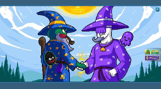A cartoon scene from a browser game showing a blue wizard with stars and a purple wizard with hand symbols shaking hands under a bright sun, with 'FNF Online' and 'Pepsi Miner' buttons on the right.