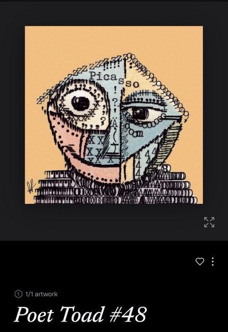 A digital artwork titled "Poet Toad #48" depicts a cubist-style face composed of fragmented shapes, numbers, and the word "Picasso" on a tan background.