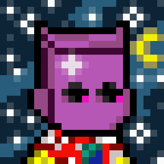 A pixel art illustration featuring a purple cat-like character with a plus-sign marking on its forehead, set against a dark blue background with starry patterns and a small yellow star on the right.