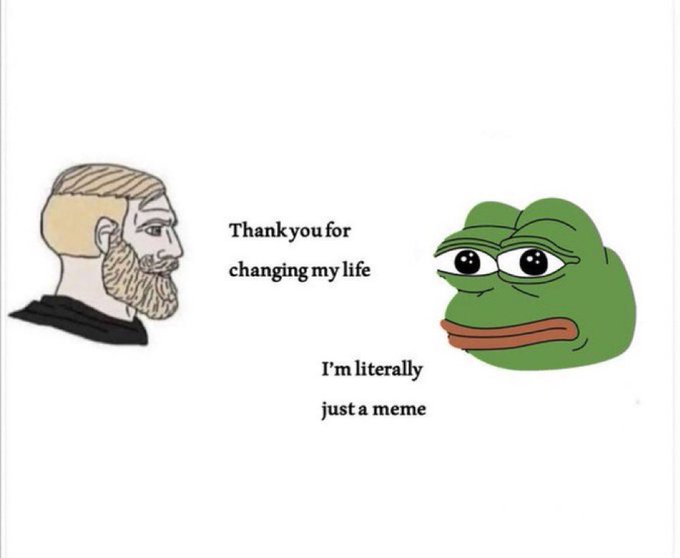 Chad vs. Pepe meme showing a 'Nordic Gamer' character thanking a sad Pepe the Frog, with text 'Thank you for changing my life' and 'I'm literally just a meme'.