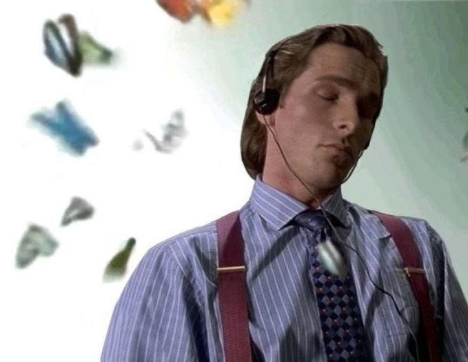 The image features a man wearing a striped shirt, tie, and suspenders with headphones around his neck. The background of the photo has blurred out into a greenish-blue color, which makes the man's face stand out prominently. There are also several other blurry images in the background that appear to be related to the post about the market or Solana.