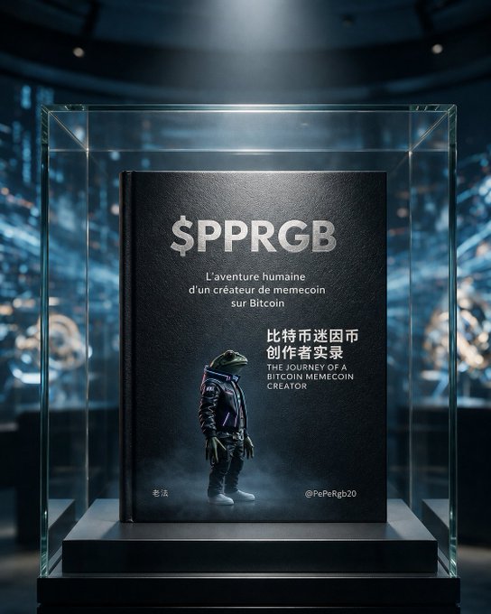 A black hardcover book titled "$PPRGB" is displayed in a glass case, with French text reading "L'aventure humaine d'un créateur de memecoin sur Bitcoin" and bilingual Chinese/English text stating "THE JOURNEY OF A BITCOIN MEMECOIN CREATOR," featuring the author handle "@PePeRgb20" and a jacket-wearing figure on the cover.