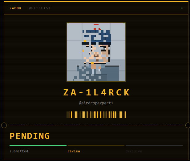 A digital whitelist interface displays a pixel art avatar for user 'ZA-1L4RCK' (@airdropexpart1) with a barcode and a 'PENDING' status indicating the submission is in review.