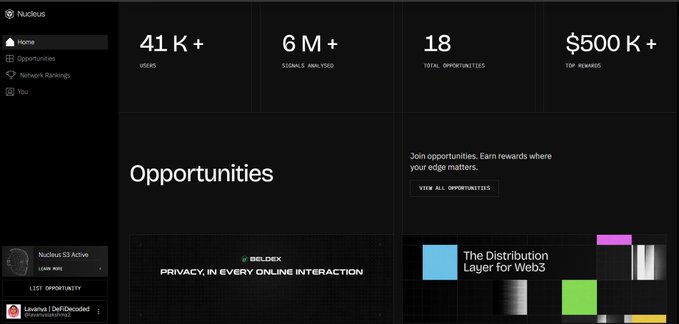 A dark-themed website dashboard displays statistics including '41K+ USERS', '6M+ SIGNALS ANALYSED', '18 TOTAL OPPORTUNITIES', and '$500K+ TOP REWARDS', along with an 'Opportunities' section.
