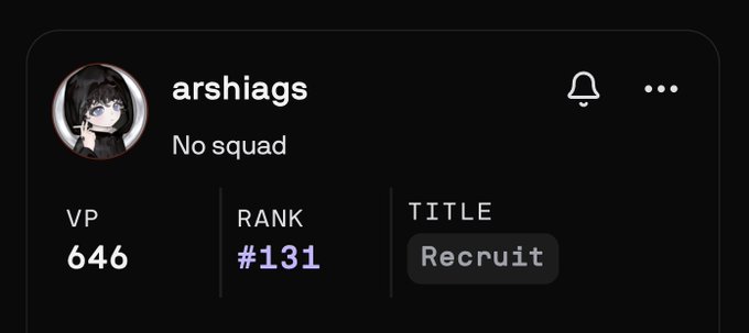 A user profile card showing the username 'arshiags' with a VP of 646, rank #131, and the title 'Recruit'.
