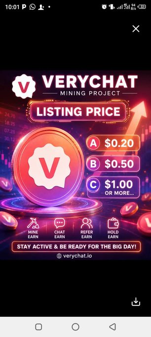 A promotional graphic for VERYCHAT Mining Project announces its listing price with three tiers: A at $0.20, B at $0.50, and C at $1.00 or more, encouraging viewers to "STAY ACTIVE & BE READY FOR THE BIG DAY" by participating in mining, chatting, referring, and holding activities via verychat.io. The image visually supports the post's message to buy and HODL the V token before its listing.