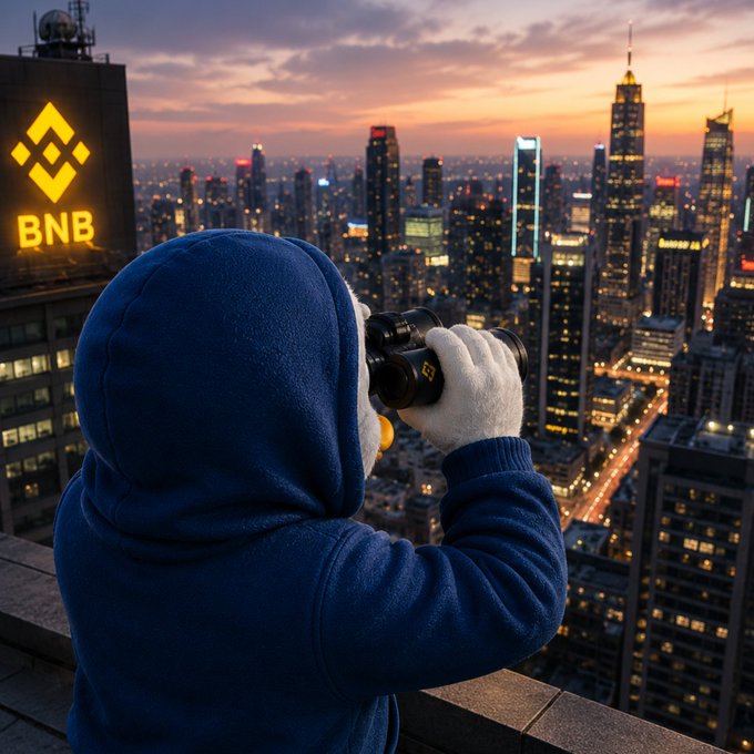 A person in a blue hoodie surveys a sprawling city skyline at dusk through binoculars, with the Binance (BNB) logo glowing on a nearby building. The scene captures a sense of calm observation and forward-looking momentum, fitting the post's theme of peaceful progress on BNB Chain.
