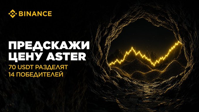 A Binance promotional banner featuring the text 'ПРЕДСКАЖИ ЦЕНУ ASTER 70 USDT РАЗДЕЛЯТ 14 ПОБЕДИТЕЛЕЙ' alongside a glowing golden price chart in a dark cave setting.