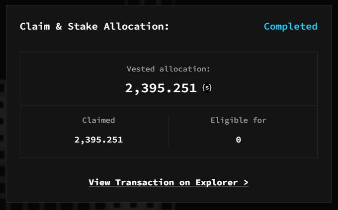 The image displays a completed "Claim & Stake Allocation" for Somnia Network, showing a vested allocation of 2,395.251 $SOMI tokens, all of which have been claimed with 0 remaining eligible for claim, along with a link to view the transaction on the blockchain explorer.