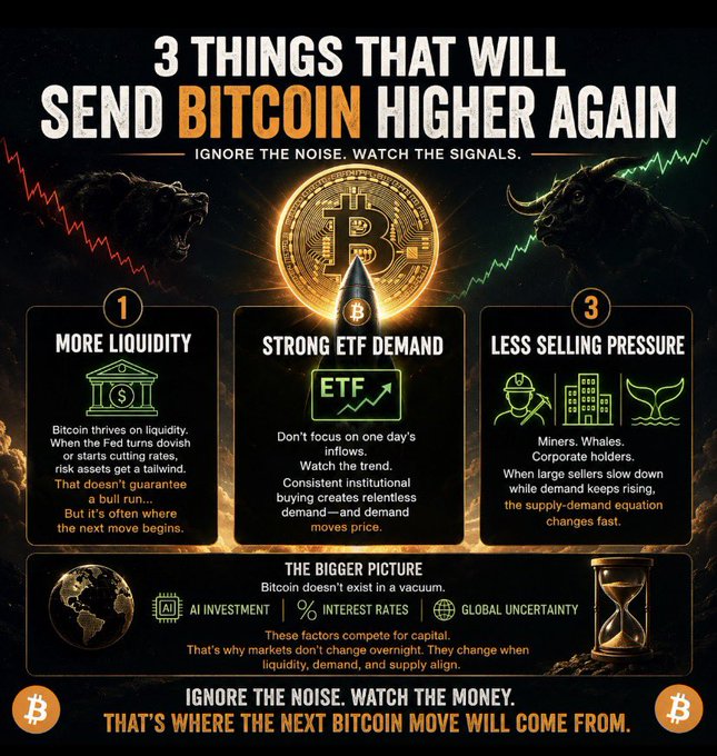 An infographic titled '3 Things That Will Send Bitcoin Higher Again' highlights liquidity, strong ETF demand, and reduced selling pressure, with the tagline 'Ignore the noise. Watch the money.'