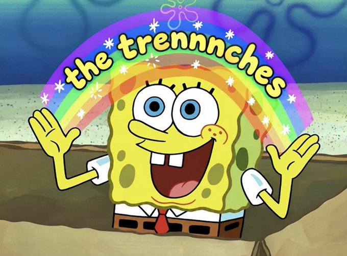 An image of SpongeBob SquarePants smiling with arms raised, with a rainbow behind him and the text 'the trennches' overlaid in stylized yellow lettering.