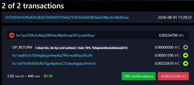 A Bitcoin blockchain transaction explorer screenshot titled "2 of 2 transactions" dated 2026-08-01 17:28:23, showing an OP_RETURN message reading "I clean btc, do kyc and cashout. I take 10%. Telegram@sandalwood214" with a fee of -0.00234700 BTC.