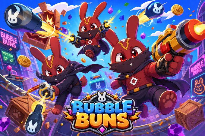 Vibrant promotional artwork for "Bubble Buns" featuring three red bunny characters wielding futuristic blasters amid exploding crates and golden coins, with the project's logo prominently displayed at the bottom center and "Bubble Buns" signage visible in the arcade-style background. The image perfectly captures the post's description of "cute on the surface, chaotic under the hood," showcasing the cartoonish bunny mascots in action-packed, combat-ready poses that hint at the playful yet energetic nature of this pre-launch AVAX project.