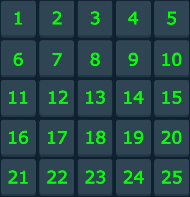 A 5x5 grid displays numbered tiles from 1 to 25 in green text on dark blue squares, representing a Mines-style prediction game where players select one of the 24 mine tiles hoping to find the single hidden gem.