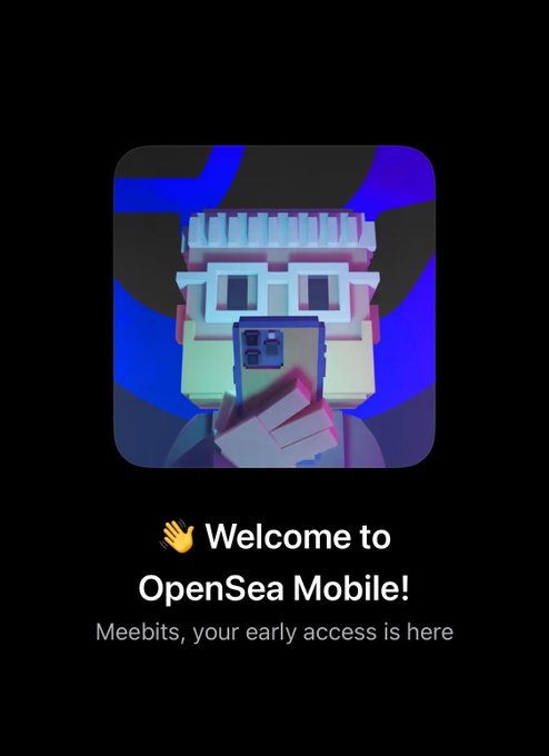 A promotional splash screen for OpenSea Mobile featuring a voxel-style Meebit character with white hair and glasses holding a smartphone, displaying the text "👋 Welcome to OpenSea Mobile!" and "Meebits, your early access is here," which aligns with the post announcing early access to the OpenSea Mobile app for Meebit NFT holders.