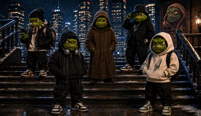 "A group of green, cartoonish characters, dressed in streetwear and standing on stairs in front of a city skyline, illustrates the vibrant and creative community behind @apepeofficial."