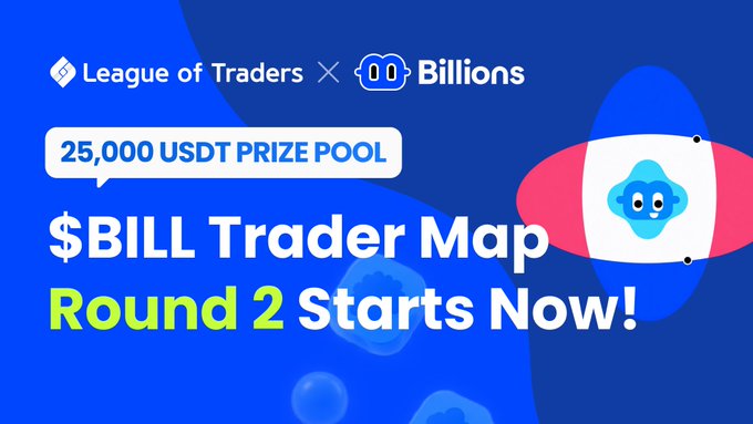 A League of Traders × Billions collaboration announcement features a 25,000 USDT prize pool for the "$BILL Trader Map Round 2," with bold text declaring it "Starts Now!" alongside a blue mascot character. The graphic promotes Round 2 of the trading competition while prizes from Round 1 are being distributed, matching the post's call to action for new rankings and chances to win.