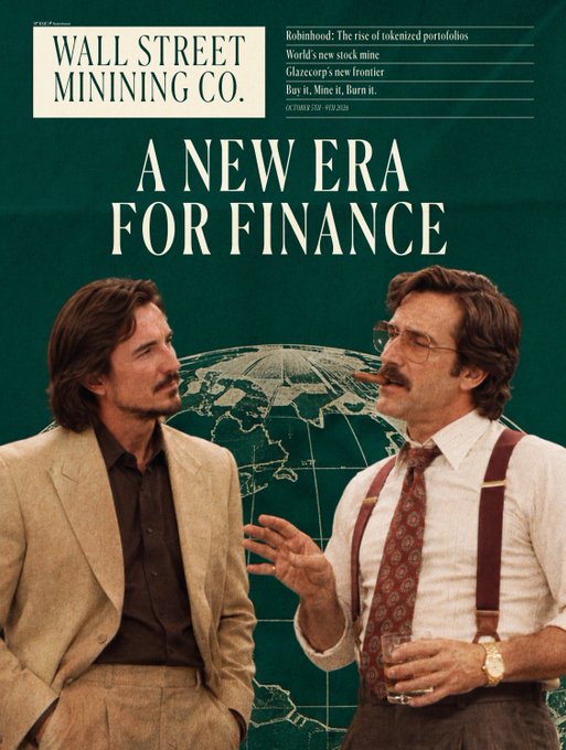 A magazine cover titled 'WALL STREET MININING CO.' with the headline 'A NEW ERA FOR FINANCE' shows two men in 1970s-style suits conversing in front of a green world map background.