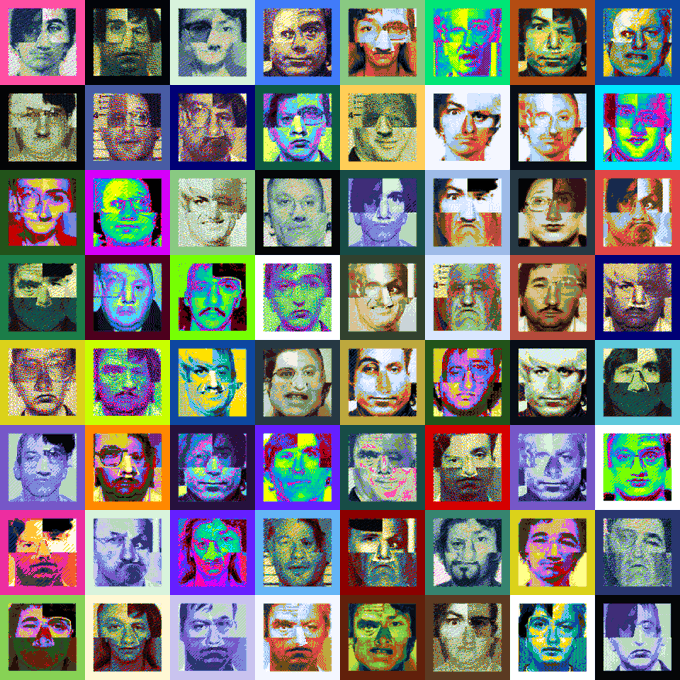 A grid collage of 64 small pixelated portraits of various faces, each rendered in different vibrant color palettes ranging from green, blue, purple, red, and orange hues, creating a Warhol-esque artistic display.