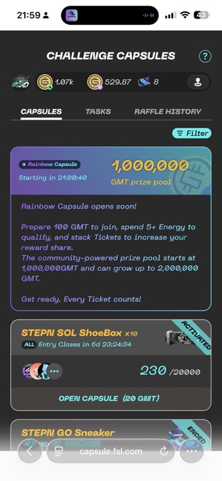 A mobile screenshot of the STEPN app showing the 'CHALLENGE CAPSULES' page with options for Rainbow Capsule, STEPN SOL ShoeBox, and STEPN GO Sneaker, displaying a GMT prize pool of 1,000,000.