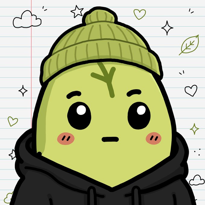 A cartoon illustration of a cute green plant-like character wearing a beanie and black hoodie, with blushing cheeks and a neutral expression on lined notebook paper.