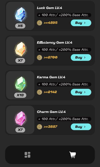 A mobile game shop interface showing gems for purchase including 'Luck Gem LV.4', 'Efficiency Gem LV.4', 'Karma Gem LV.4', and 'Charm Gem LV.4' with various quantities and prices in gold coins.