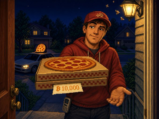 A pixel art illustration of a pizza delivery person handing over two pizza boxes with a Bitcoin (₿) symbol displaying '10,000' at a door at night, with a pizza sign car in the background.