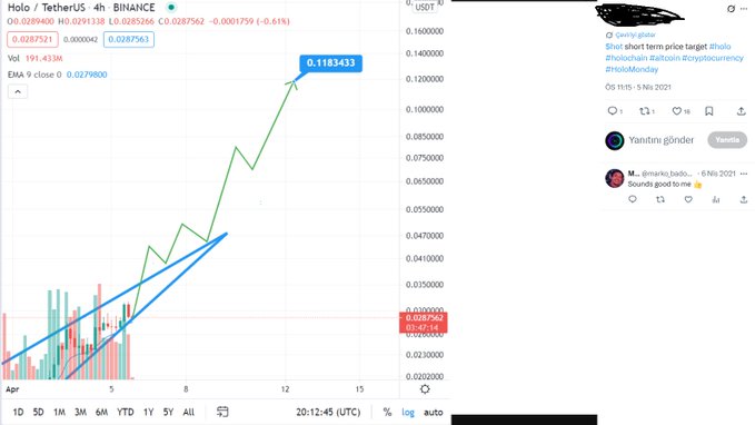 A TradingView chart of Holo/TetherUS (HOT/USDT) shows a dramatic pump from around $0.029 to a peak of $0.118343 between April 5-12, 2021, with a Twitter comment from @marks_badoo noting "Sounds good to me 👍" on May 5, 2021, illustrating the parabolic price action of $HOT during the 2021 crypto bull run.