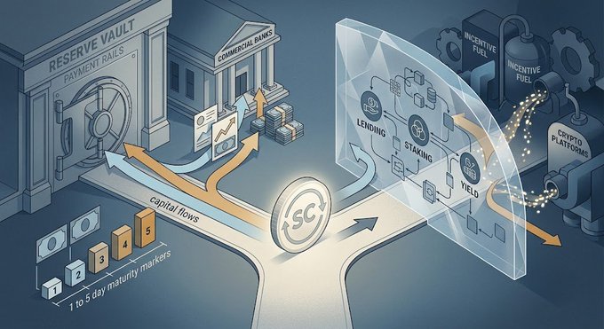 An isometric infographic illustrates the SG ($SG) token ecosystem, showing capital flows from a Reserve Vault and Commercial Banks through a central SG coin, connecting to maturity markers (1 to 5 days) and a transparent panel with lending, staking, and yield features powered by incentive fuel and crypto platforms.